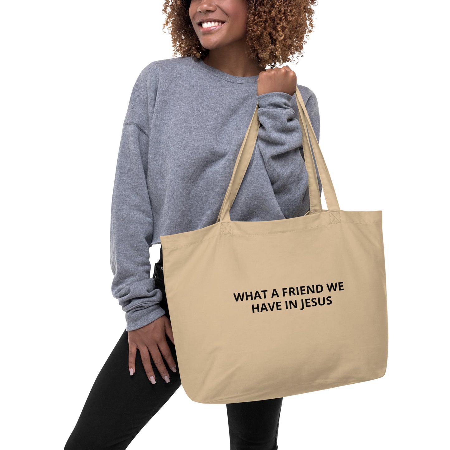 WHAT A FRIEND WE HAVE IN JESUS Beige Large organic tote bag